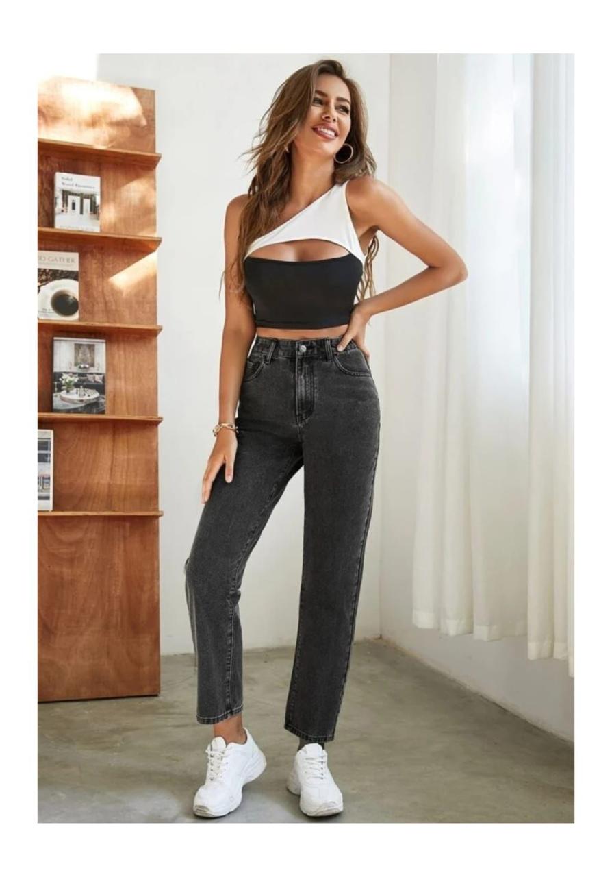 High Waist Charcoal Mom Fit Denim Jeans