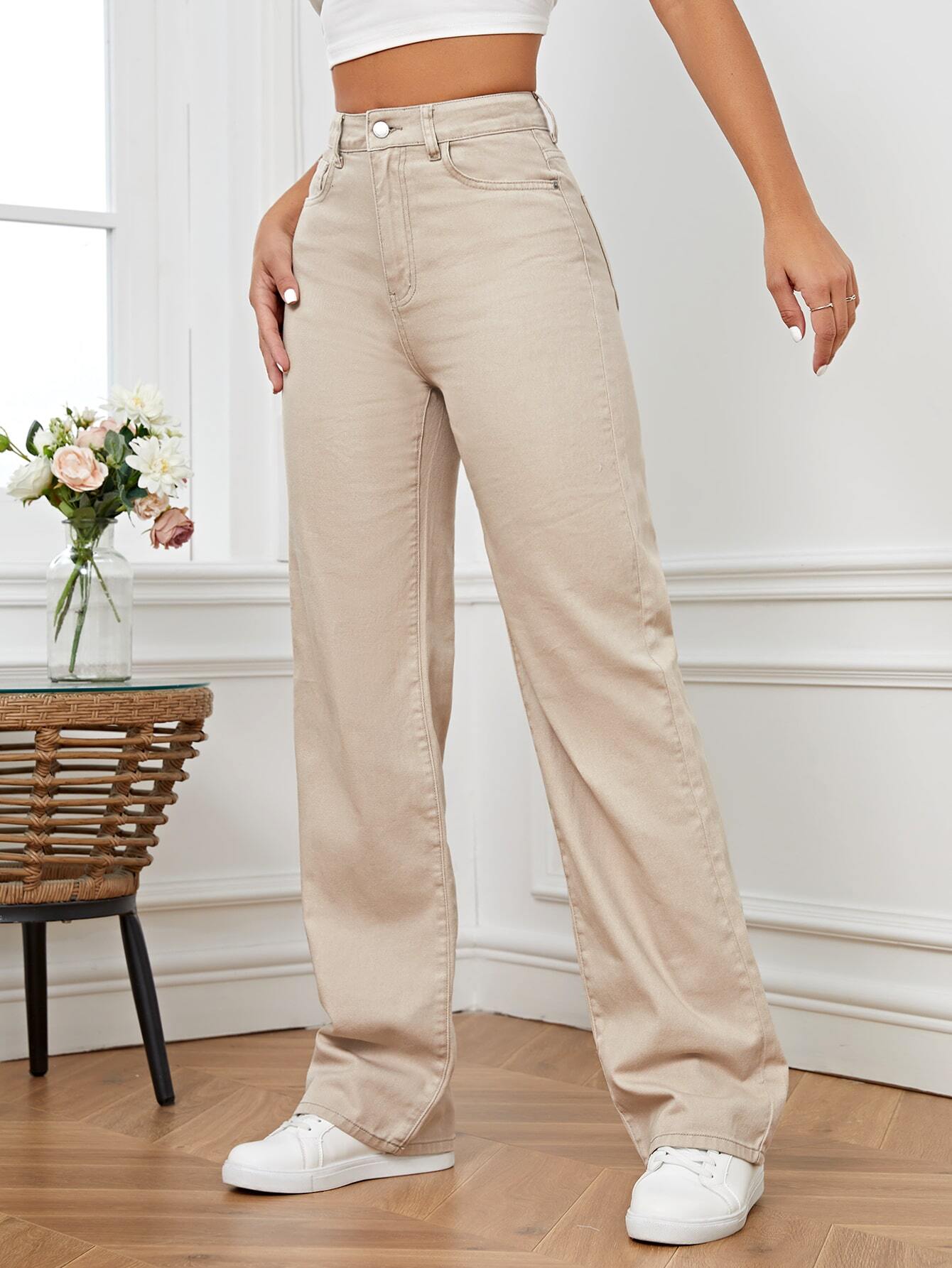 High Waist Beige Wide Leg Denim