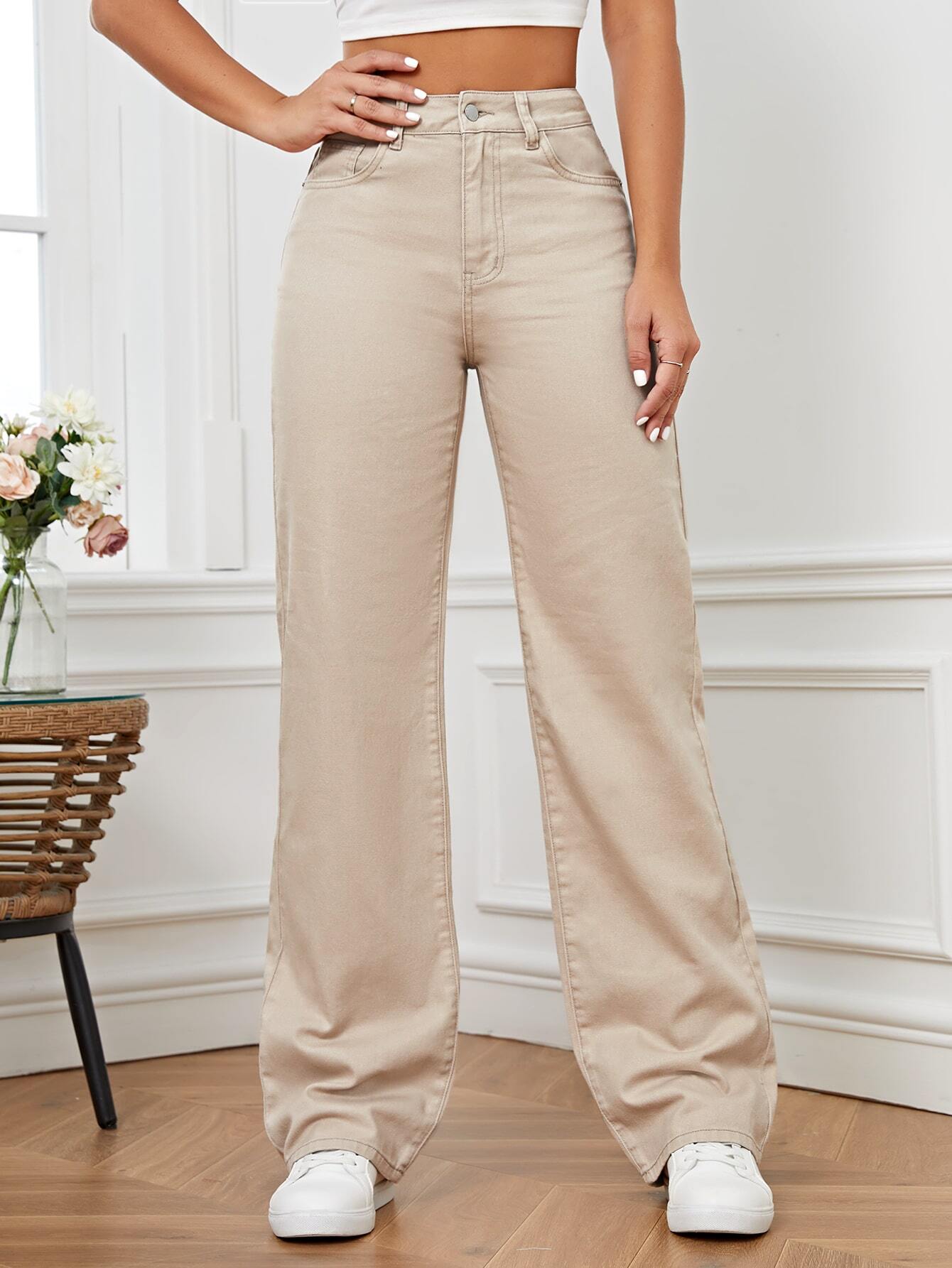 High Waist Beige Wide Leg Denim