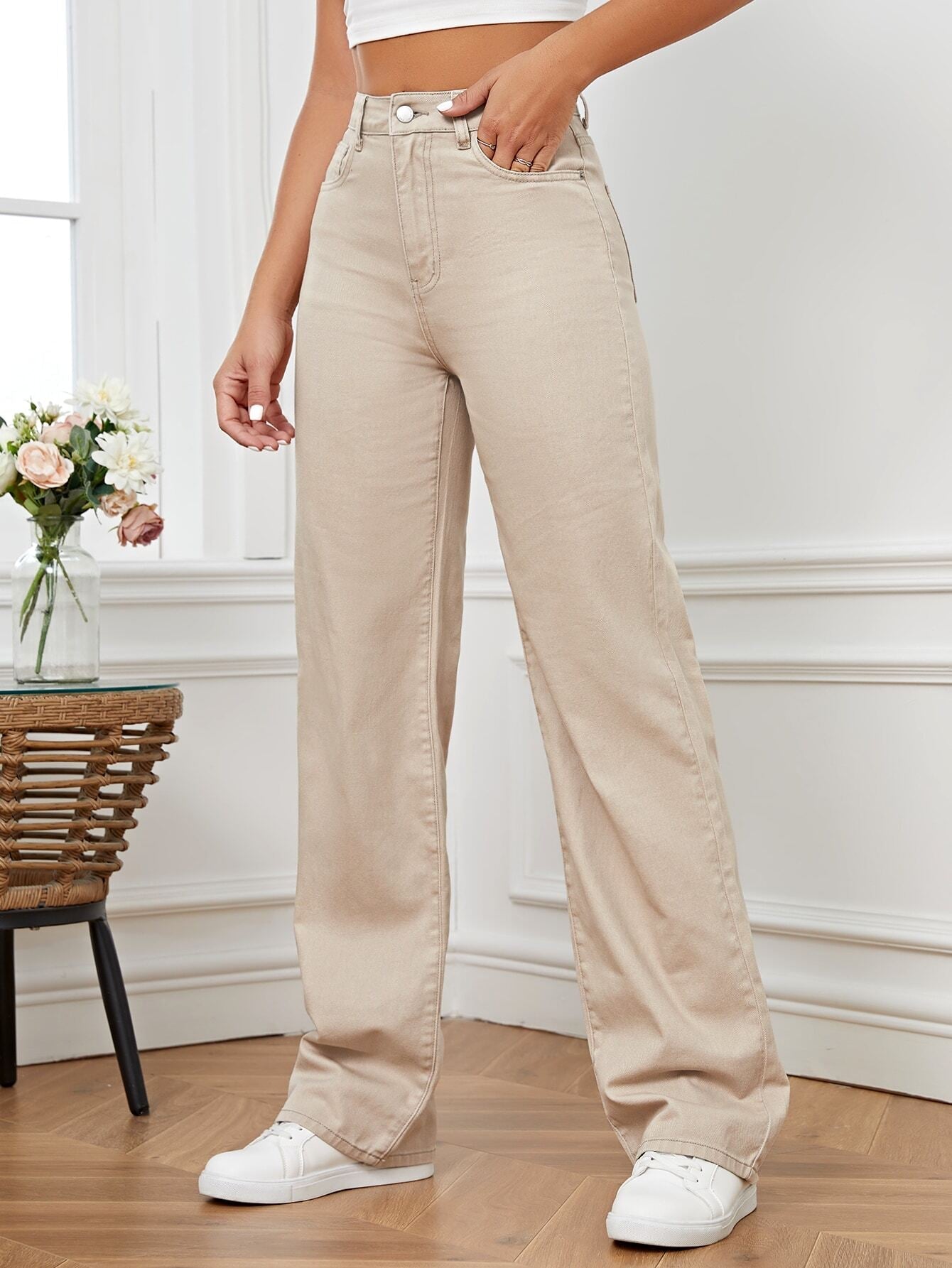 High Waist Beige Wide Leg Denim