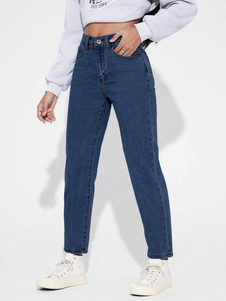 High Waist Dark Blue Mom Fit Denim Jeans