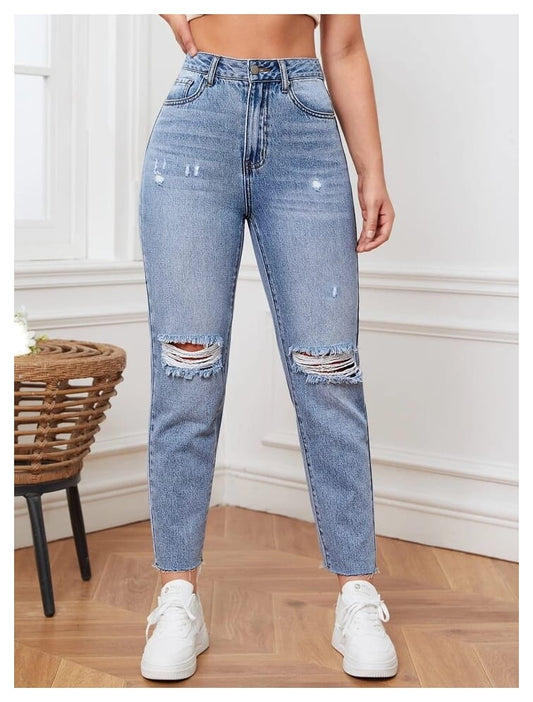High Waist Knee Cut Ripped Ice Blue Mom Fit Wishker Denim Jeans
