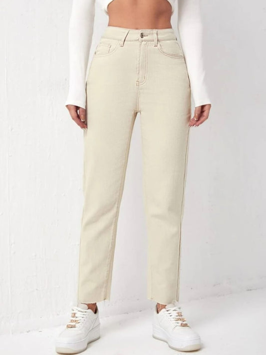High Waist Cream Mom Fit Denim Jeans